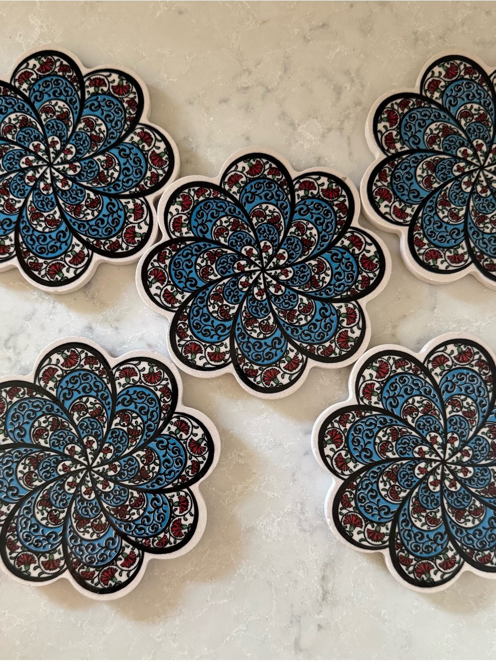 Set of 5 Turkish Floral Tile Coasters in Blue, Black & White Red Accents